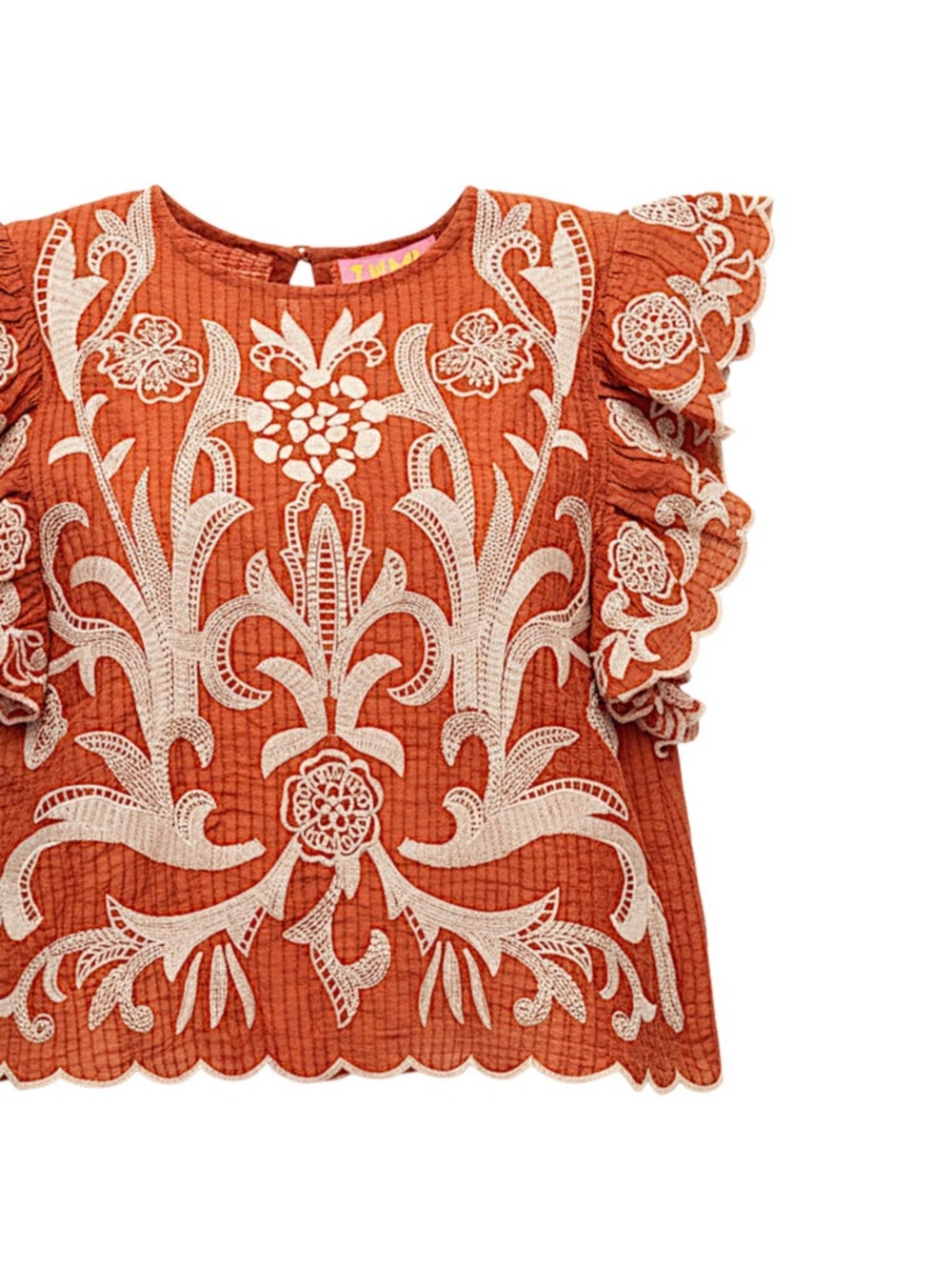 THML Orange Embroidered Flutter Sleeve Top